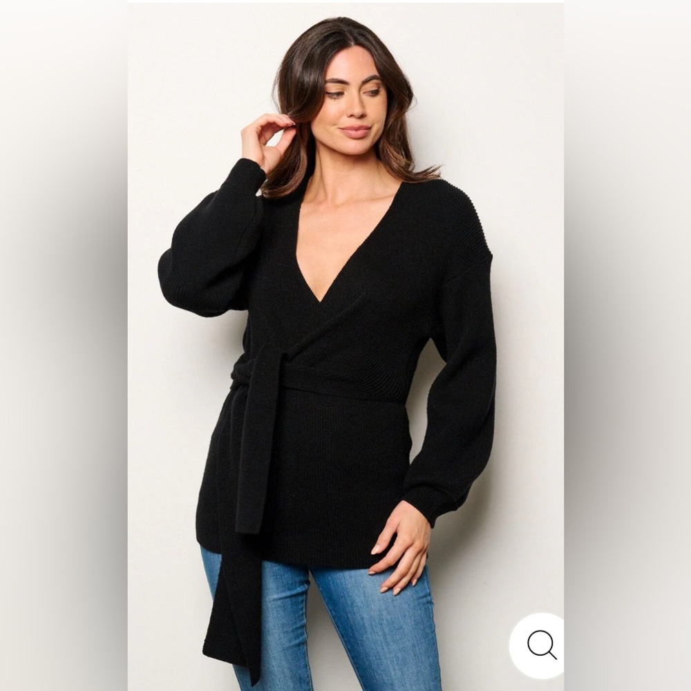 WOMEN'S LONG SLEEVE SELF TIE WRAP RIBBED BLOUSE TOP. Black
